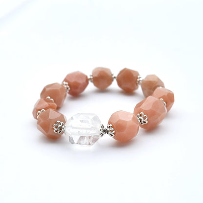 Prism Cut Faceted Beaded Bracelet - Peach Moonstone Clear Quartz Beads