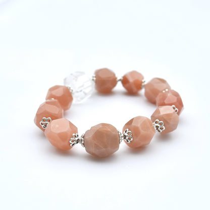 Prism Cut Faceted Beaded Bracelet - Peach Moonstone Clear Quartz Beads