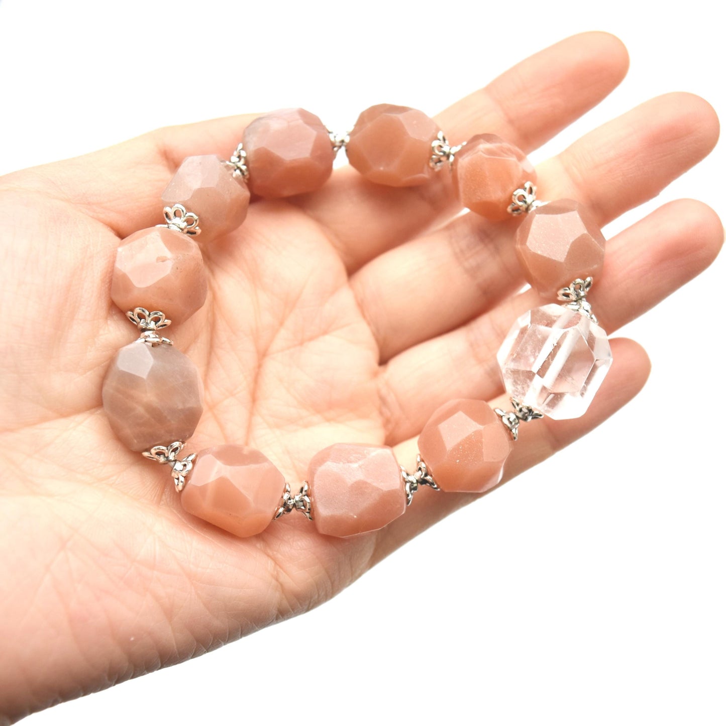 Prism Cut Faceted Beaded Bracelet - Peach Moonstone Clear Quartz Beads