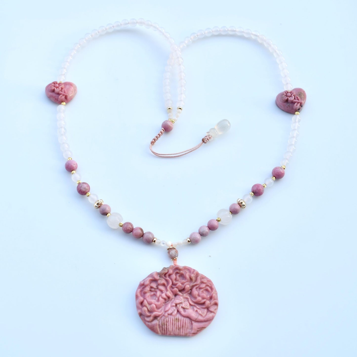 Pink Rhodonite Flower Comb Pendant Necklace