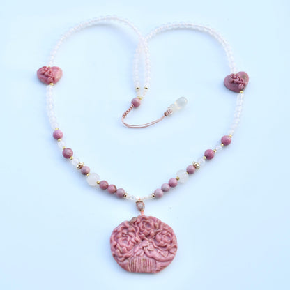 Pink Rhodonite Flower Comb Pendant Necklace