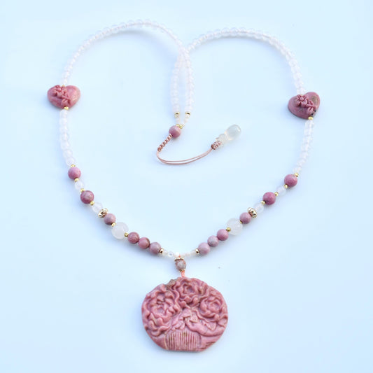 Pink Rhodonite Flower Comb Pendant Necklace