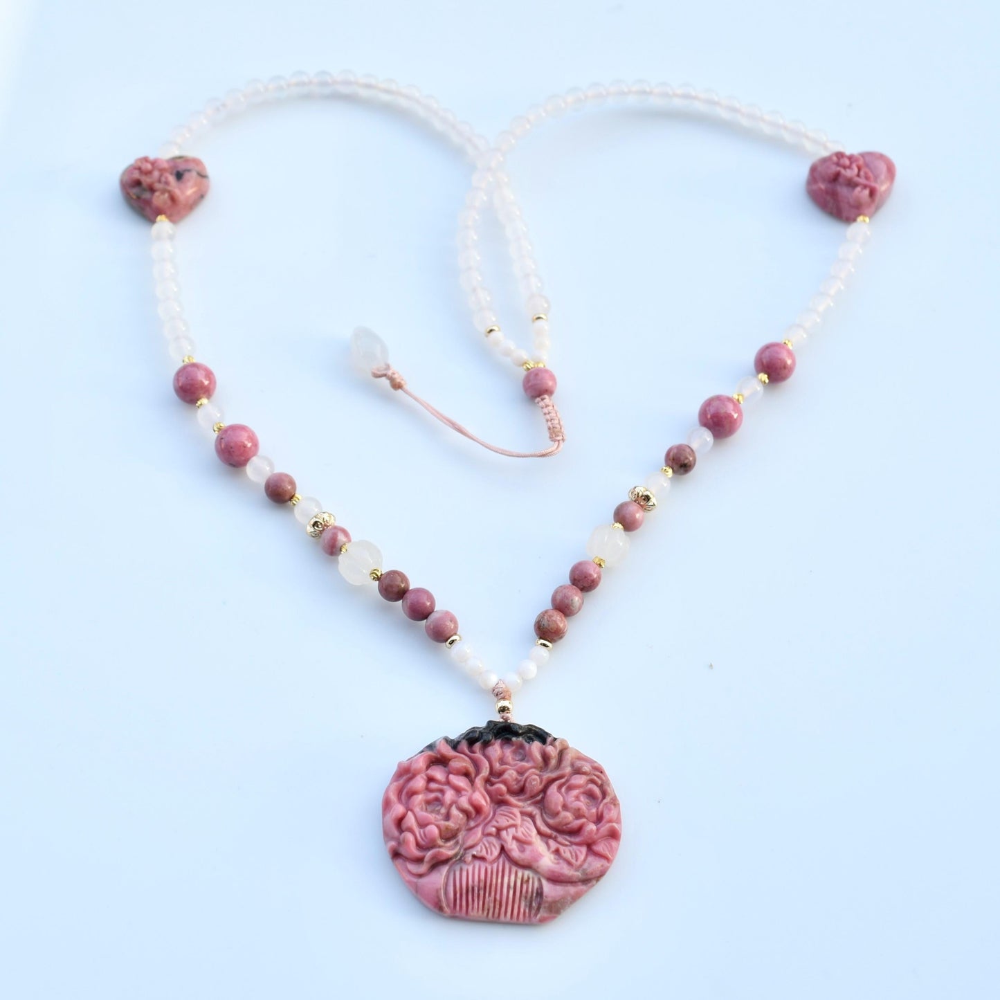 Pink Rhodonite Flower Comb Pendant Necklace