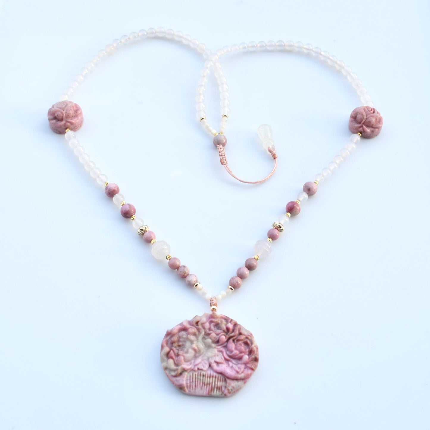 Pink Rhodonite Flower Comb Pendant Necklace
