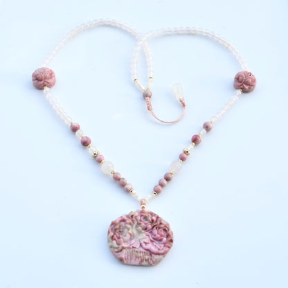 Pink Rhodonite Flower Comb Pendant Necklace