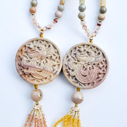 Beige Jasper Phoenix Pendant Tassel Necklace - Colorful Agate Necklace