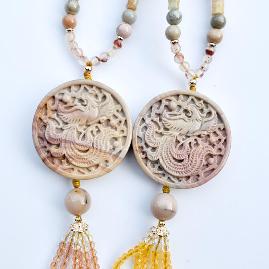 Beige Jasper Phoenix Pendant Tassel Necklace - Colorful Agate Necklace