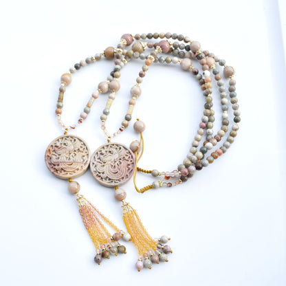 Beige Jasper Phoenix Pendant Tassel Necklace - Colorful Agate Necklace