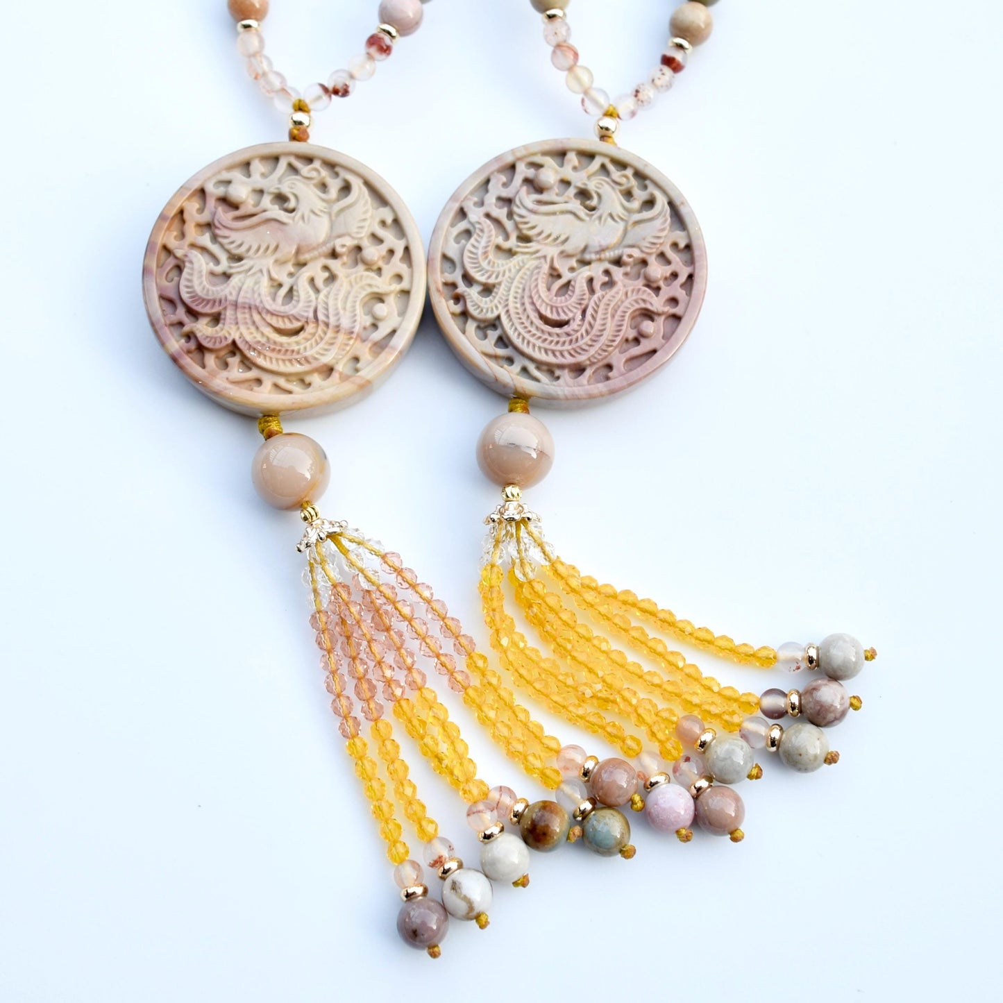Beige Jasper Phoenix Pendant Tassel Necklace - Colorful Agate Necklace