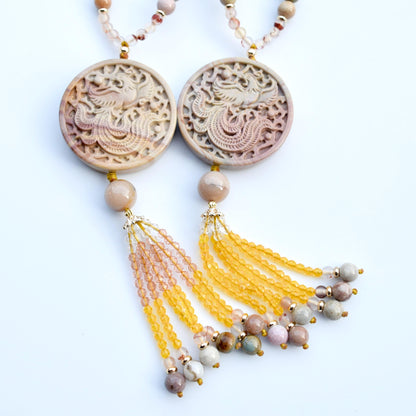 Beige Jasper Phoenix Pendant Tassel Necklace - Colorful Agate Necklace