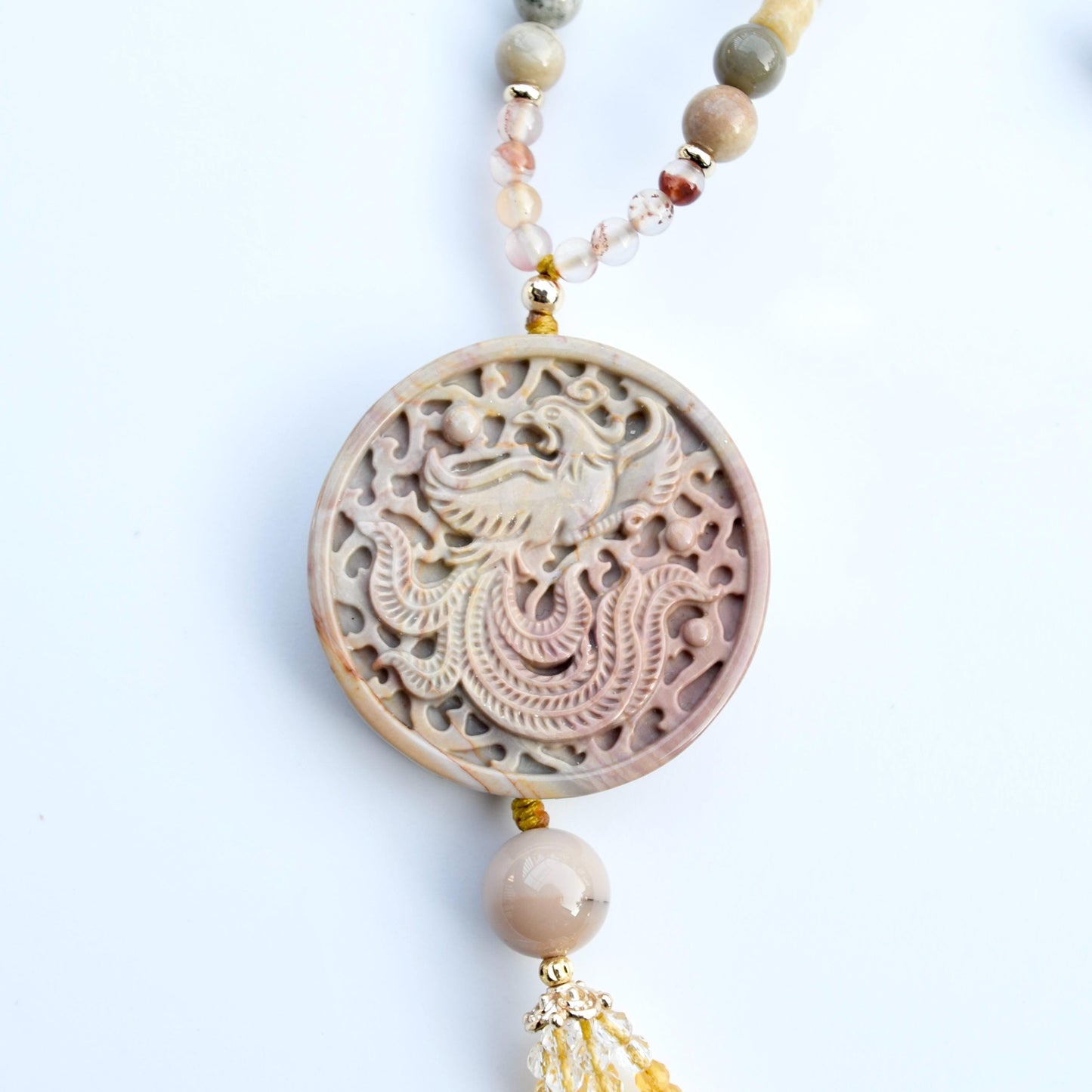 Beige Jasper Phoenix Pendant Tassel Necklace - Colorful Agate Necklace