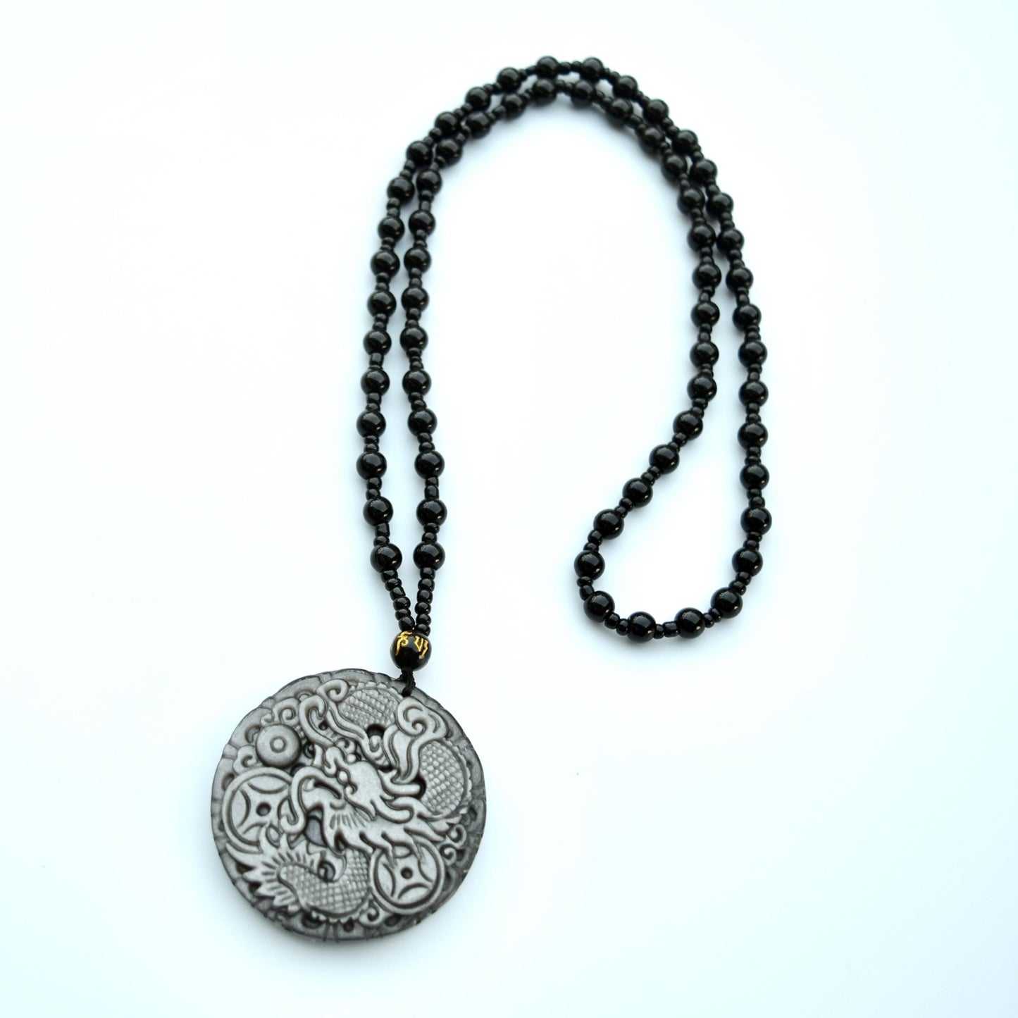 Silver Obsidian Dragon Pendant Necklace - Chinese Zodiac Beaded Necklace
