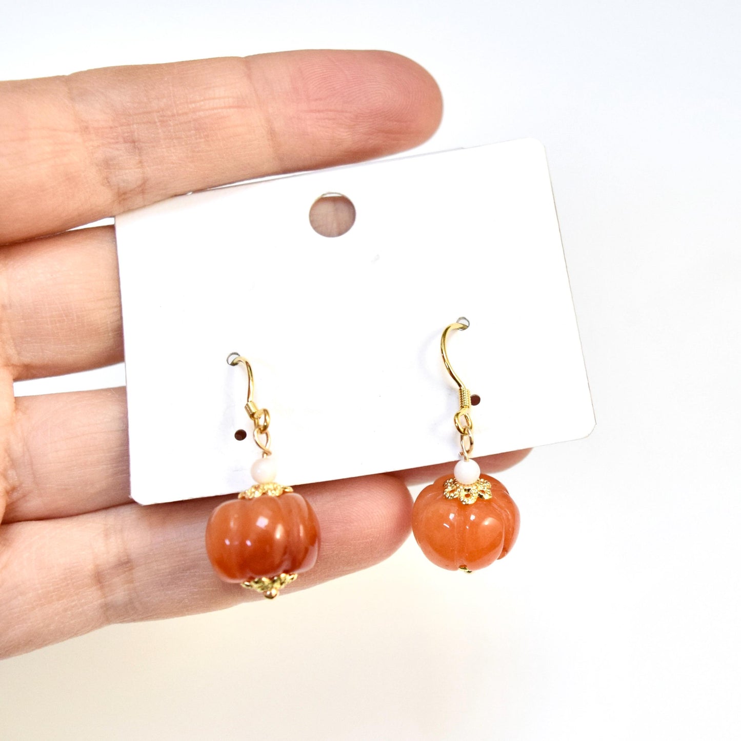 Pumpkin Jade Pearl Earrings - Gold Pearl Chinese Jewelry