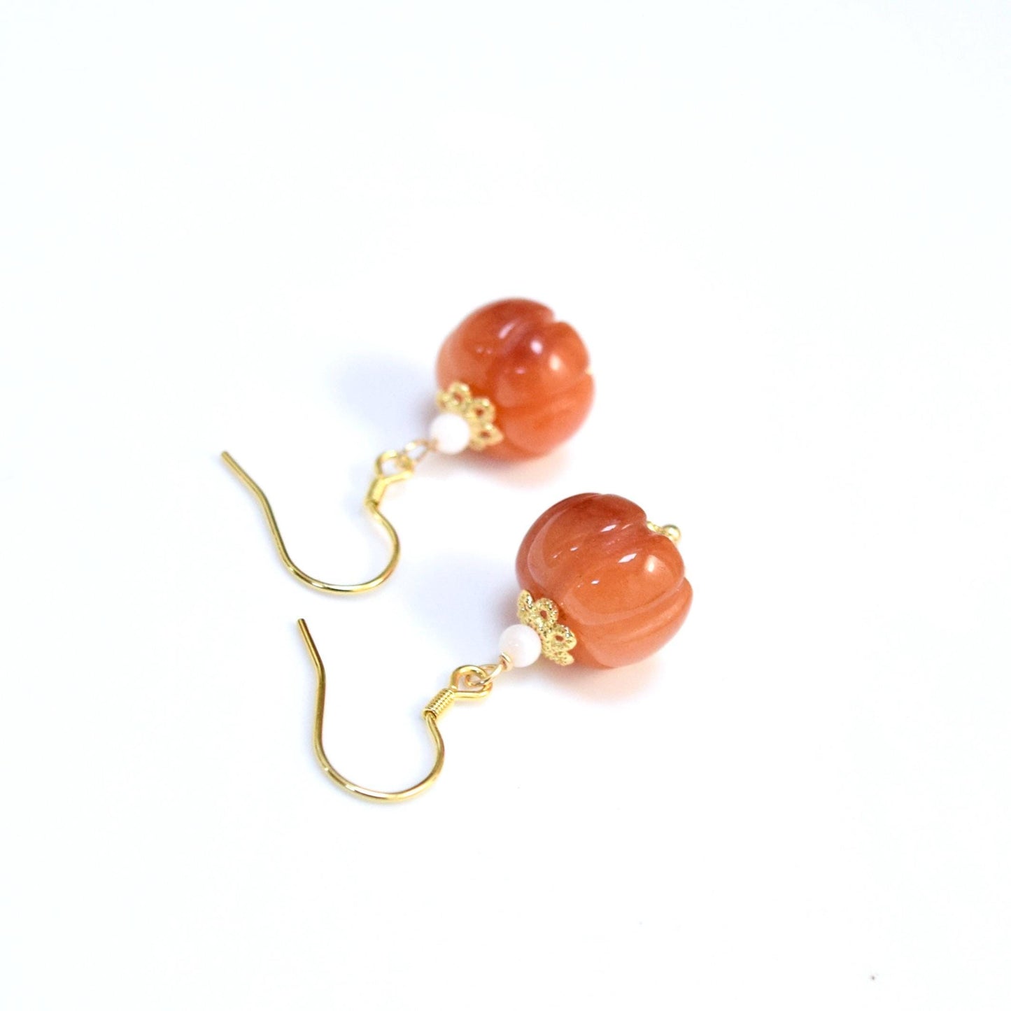 Pumpkin Jade Pearl Earrings - Gold Pearl Chinese Jewelry