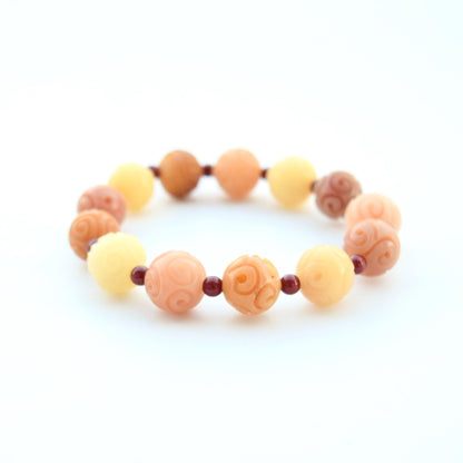 12 mm Bodhi 菩提根 Orange Carved Beaded Bracelet - Chinese Healing Bracelet