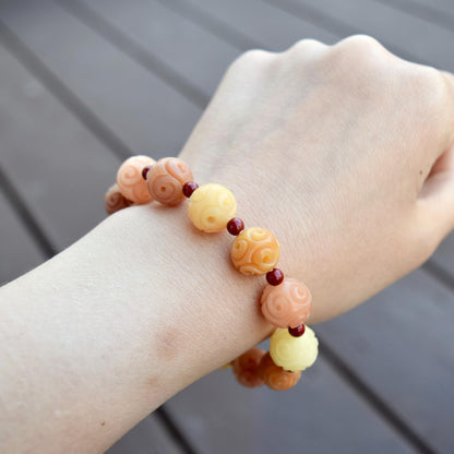 12 mm Bodhi 菩提根 Orange Carved Beaded Bracelet - Chinese Healing Bracelet