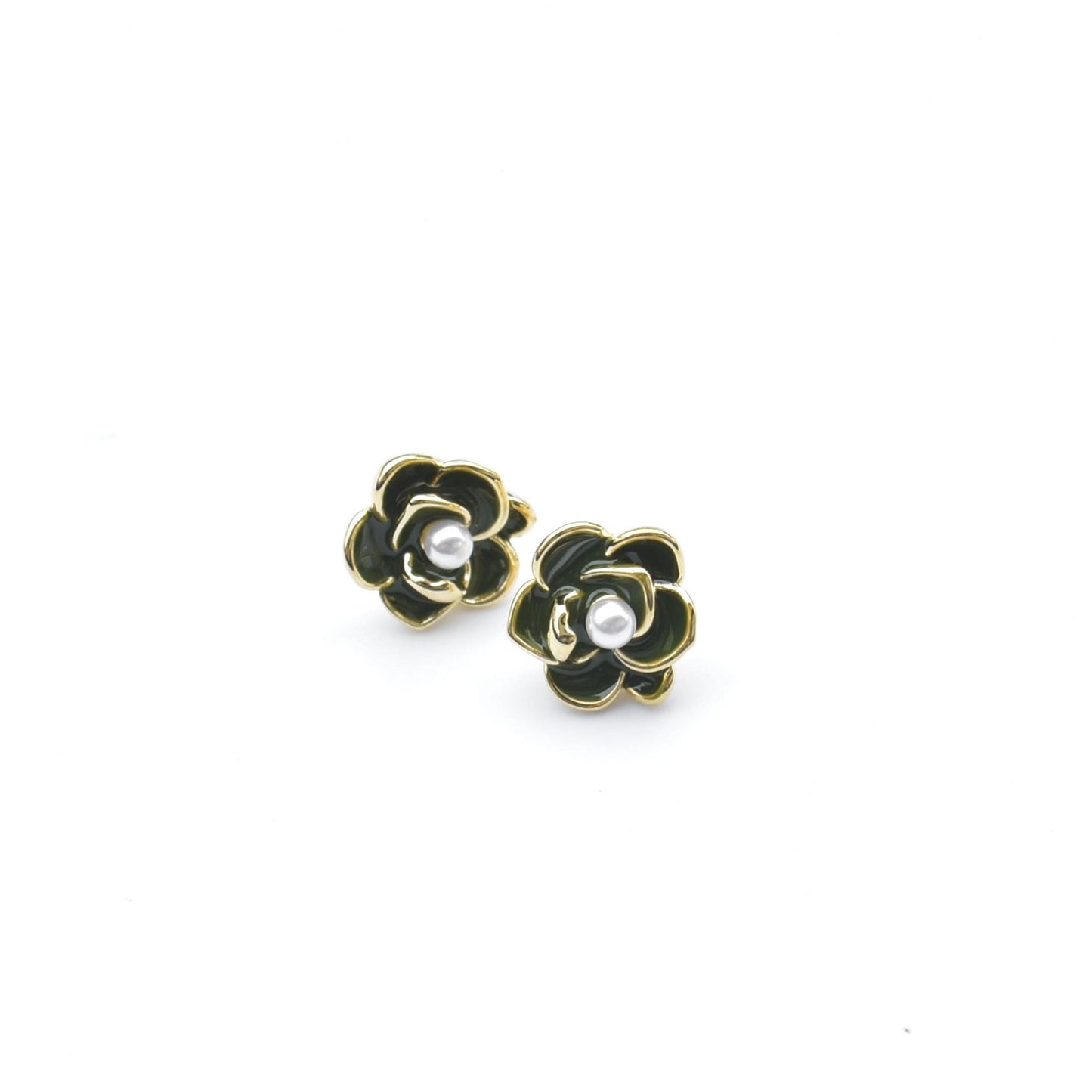 Green Camellia Flora Stud Earrings - Enamel Earrings