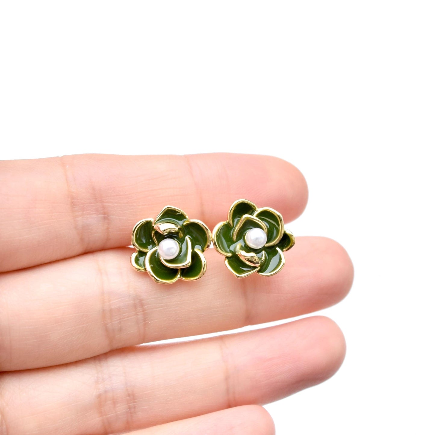 Green Camellia Flora Stud Earrings - Enamel Earrings