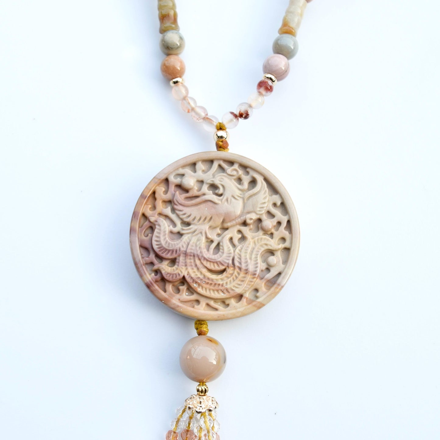 Beige Jasper Phoenix Pendant Tassel Necklace - Colorful Agate Necklace