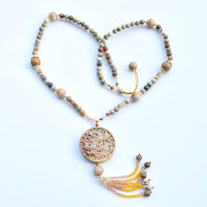 Beige Jasper Phoenix Pendant Tassel Necklace - Colorful Agate Necklace