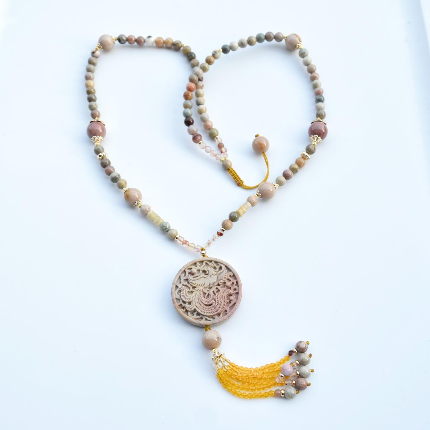 Beige Jasper Phoenix Pendant Tassel Necklace - Colorful Agate Necklace