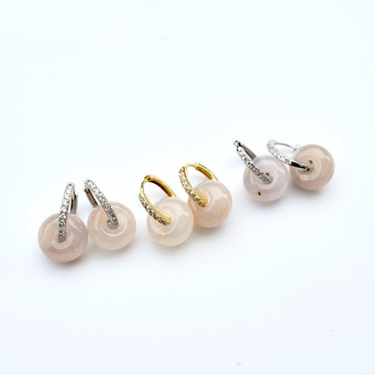 Donut Circle Stud Earrings - Natural Sakura Agate Charm 櫻花瑪瑙