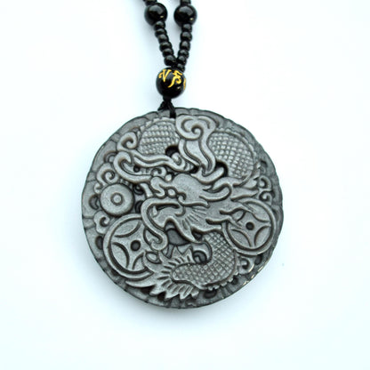 Silver Obsidian Dragon Pendant Necklace - Chinese Zodiac Beaded Necklace