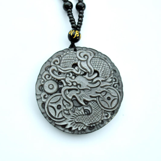 Silver Obsidian Dragon Pendant Necklace - Chinese Zodiac Beaded Necklace