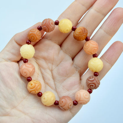 12 mm Bodhi 菩提根 Orange Carved Beaded Bracelet - Chinese Healing Bracelet