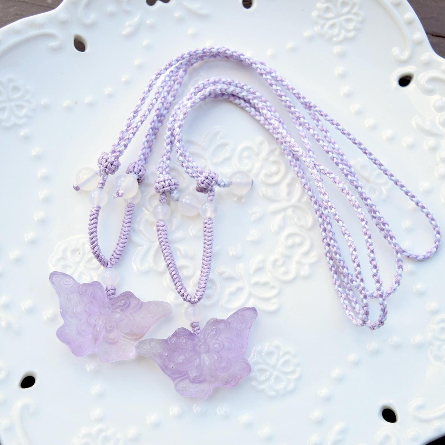 Purple Butterfly Pendant Rope Necklace - Amethyst Crystal Pendant