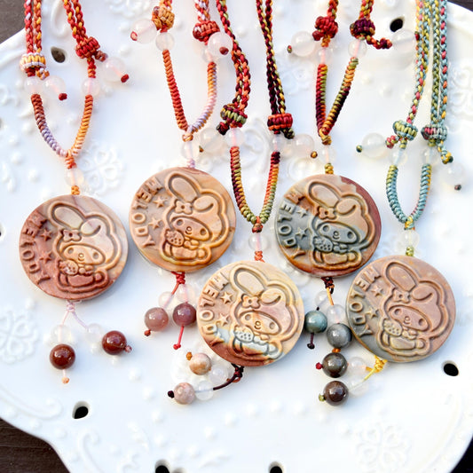 Colorful Melody Rabbit Pendant Braided Necklace - Ocean Jasper 海洋石 - Adjustable Rope Necklace