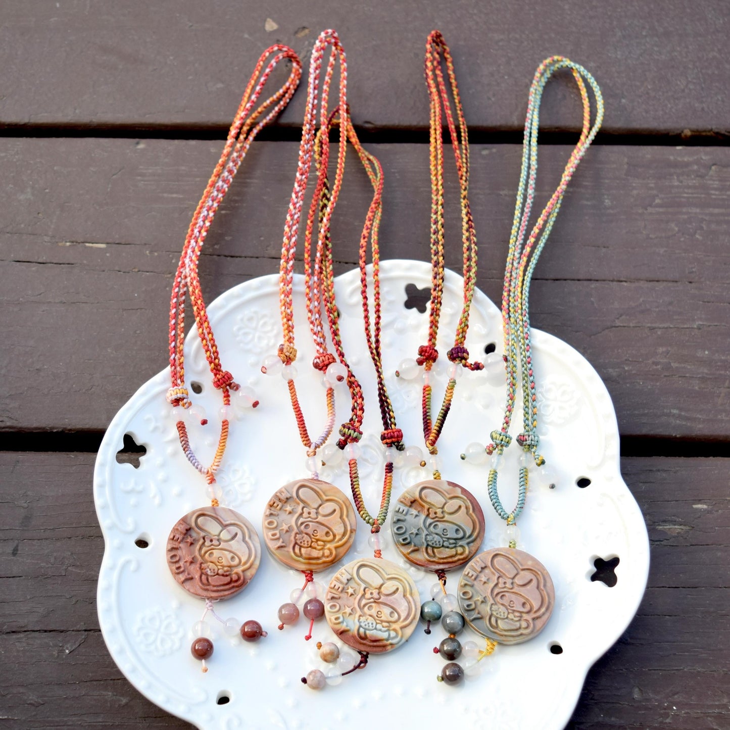 Colorful Melody Rabbit Pendant Braided Necklace - Ocean Jasper 海洋石 - Adjustable Rope Necklace