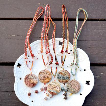Colorful Melody Rabbit Pendant Braided Necklace - Ocean Jasper 海洋石 - Adjustable Rope Necklace