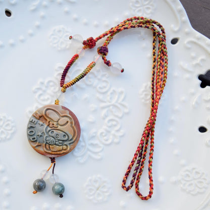 Colorful Melody Rabbit Pendant Braided Necklace - Ocean Jasper 海洋石 - Adjustable Rope Necklace