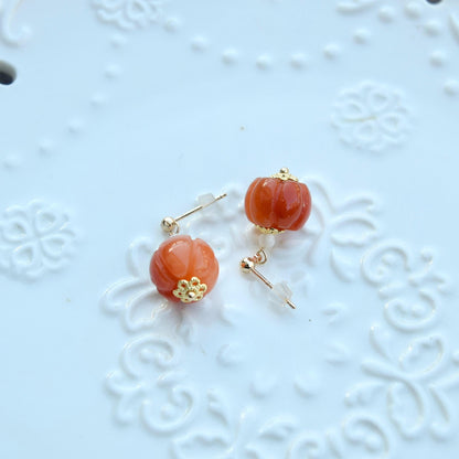 Pumpkin Jade Pearl Earrings - Gold Pearl Chinese Jewelry