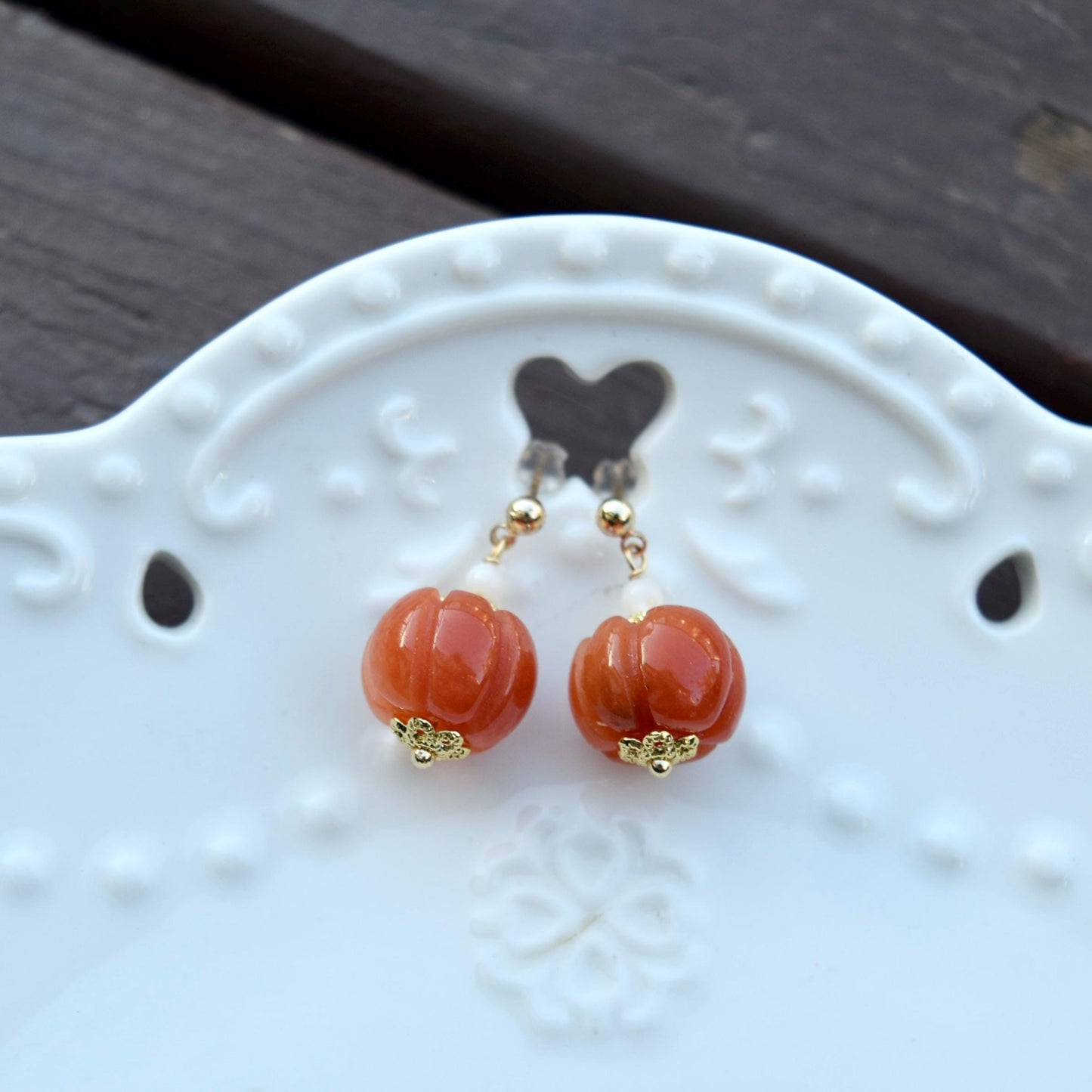 Pumpkin Jade Pearl Earrings - Gold Pearl Chinese Jewelry