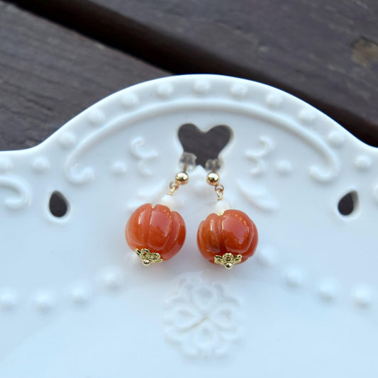 Pumpkin Jade Pearl Earrings - Gold Pearl Chinese Jewelry