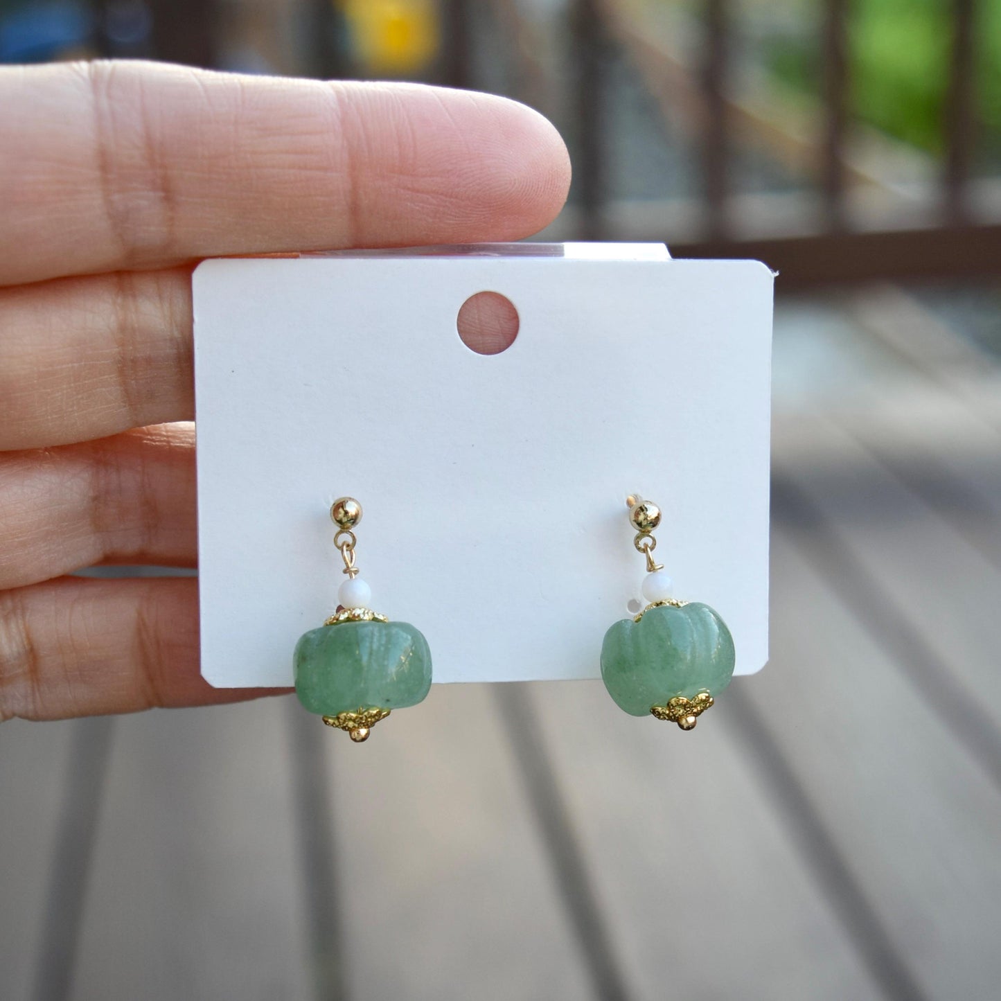 Pumpkin Jade Pearl Earrings - Gold Pearl Chinese Jewelry