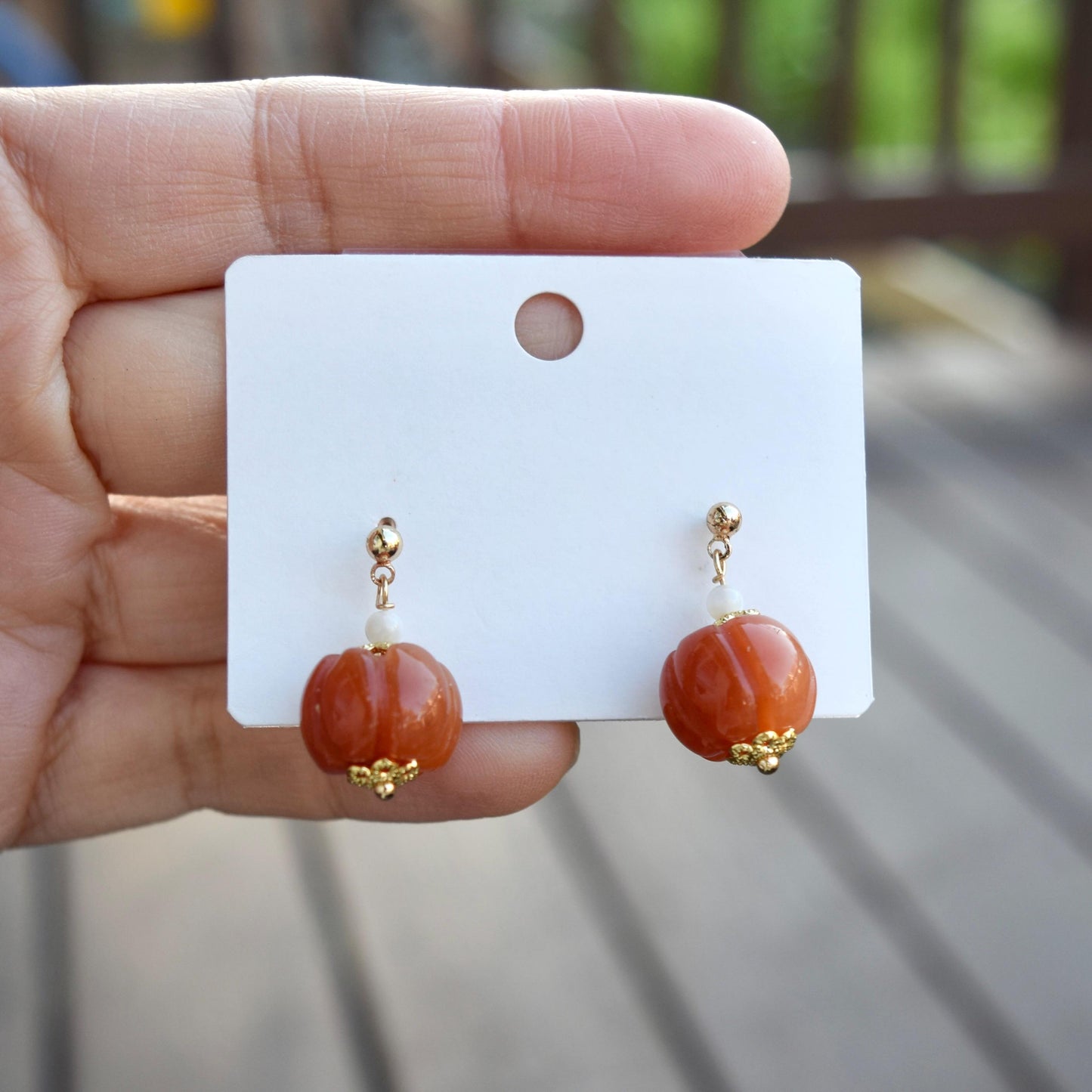 Pumpkin Jade Pearl Earrings - Gold Pearl Chinese Jewelry