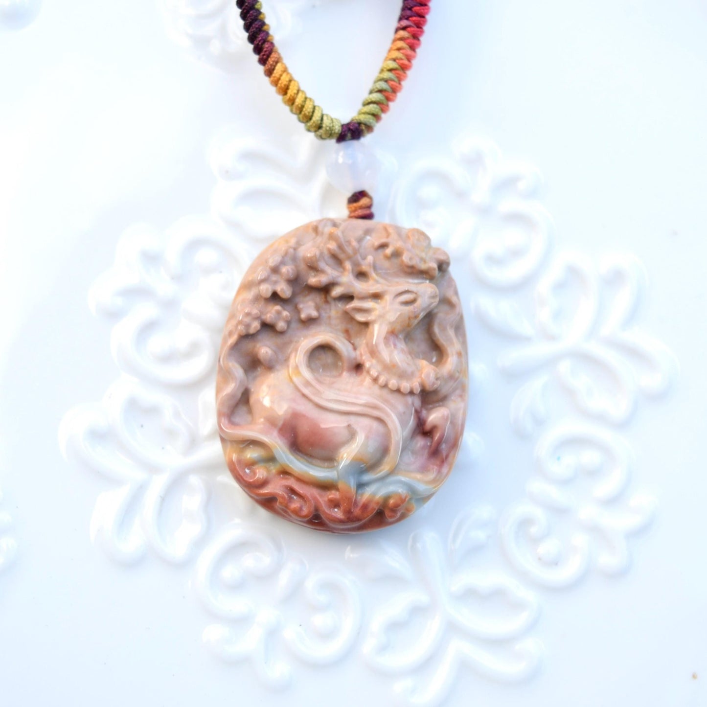 Christmas Deer Pendant Braided Necklace - Ocean Jasper 海洋石 - Adjustable Rope Necklace