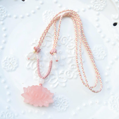 1 pc Pink Lotus Pendant Rope Necklace - Rose Quartz Crystal Pendant