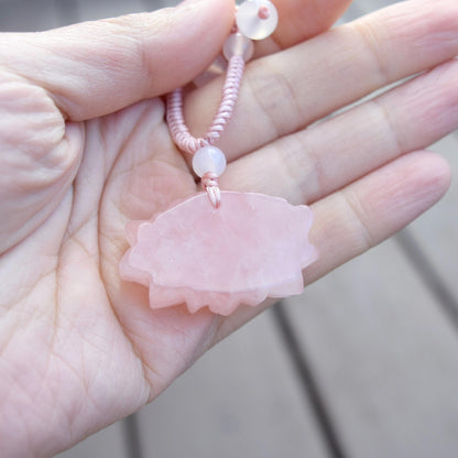 1 pc Pink Lotus Pendant Rope Necklace - Rose Quartz Crystal Pendant