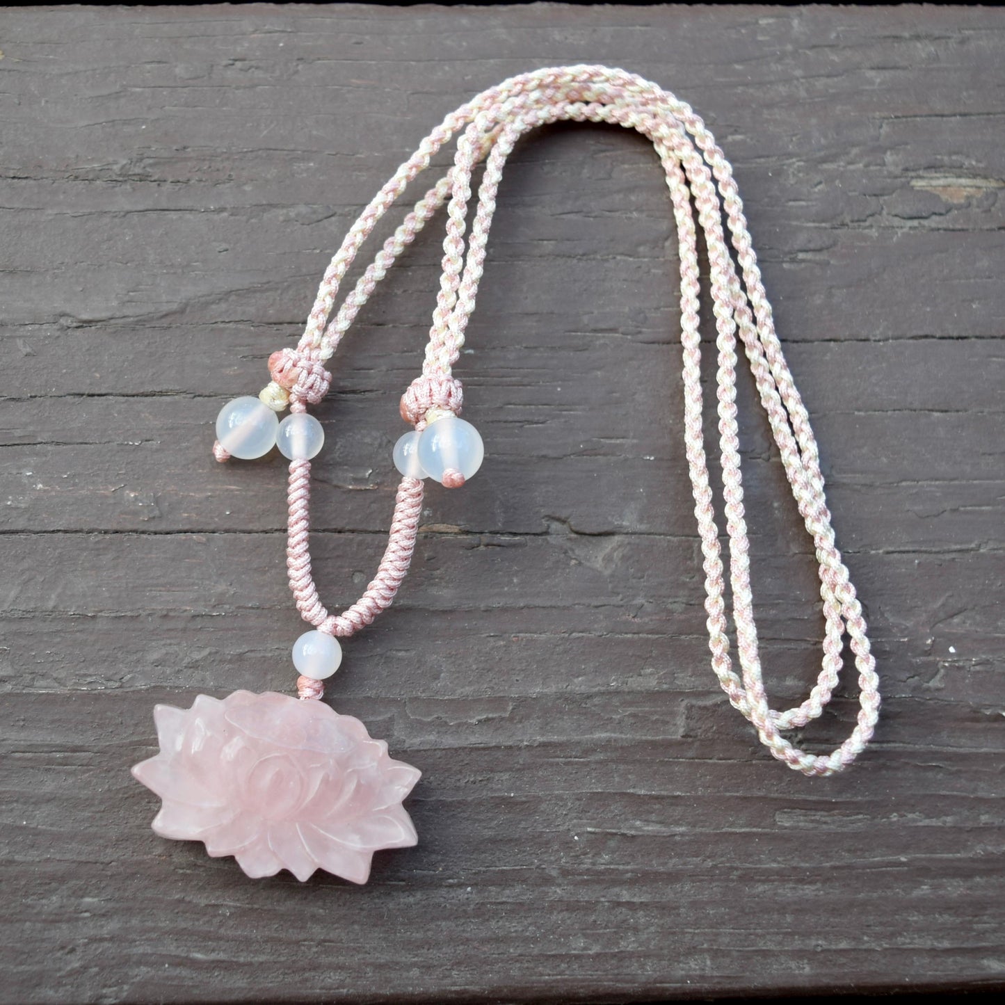 1 pc Pink Lotus Pendant Rope Necklace - Rose Quartz Crystal Pendant