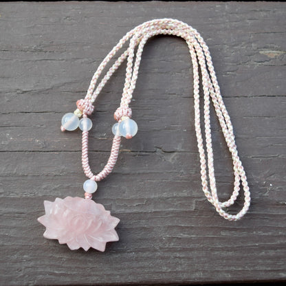 1 pc Pink Lotus Pendant Rope Necklace - Rose Quartz Crystal Pendant