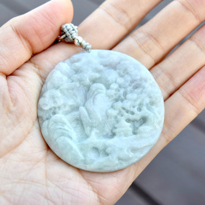 Jadeite Mountain Water Pendant Rope Necklace - Green White 天然翡翠山水牌