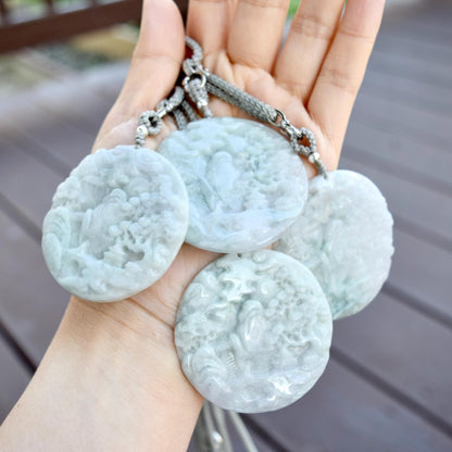 Jadeite Mountain Water Pendant Rope Necklace - Green White 天然翡翠山水牌