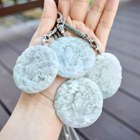 Jadeite Mountain Water Pendant Rope Necklace - Green White 天然翡翠山水牌