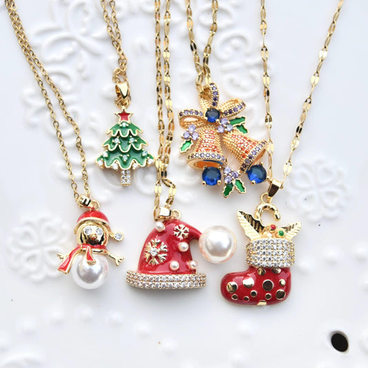 Christmas Collection Pendant - Stainless Steel Necklace -Snowman Tree Hat Boot Bell