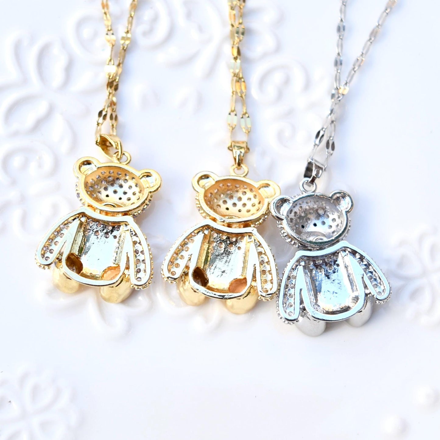 Diamond Bear Pendant Necklace - Cubic Zirconia Stainless Steel Necklace