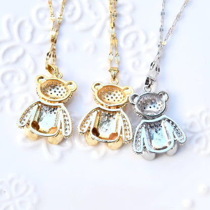 Diamond Bear Pendant Necklace - Cubic Zirconia Stainless Steel Necklace